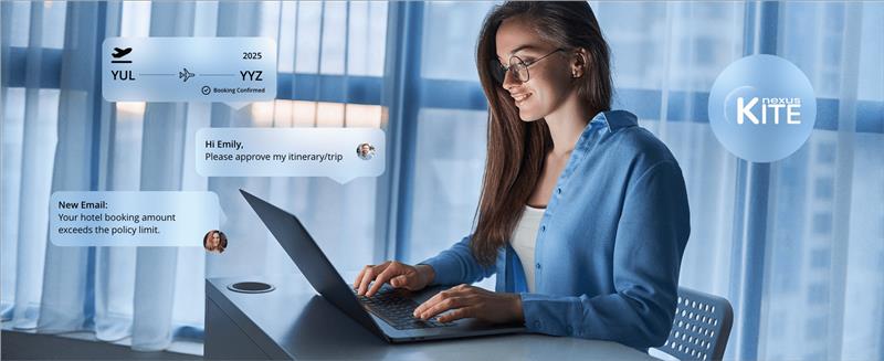 Female corporate professional managing employee travel bookings on a computer, representing streamlined corporate travel management.